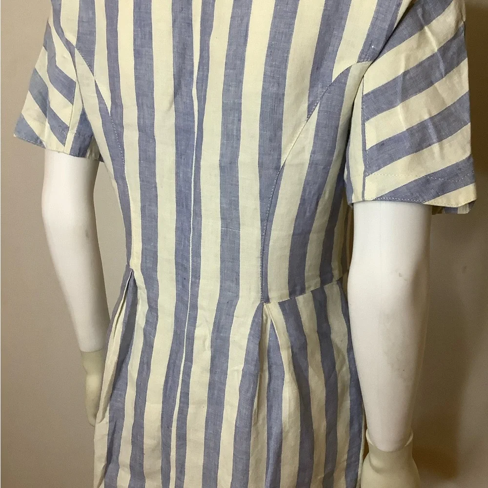 Elegant Linen Chunky Gold Button Blue and White Striped Midi Dress VTG - Picture 2 of 13